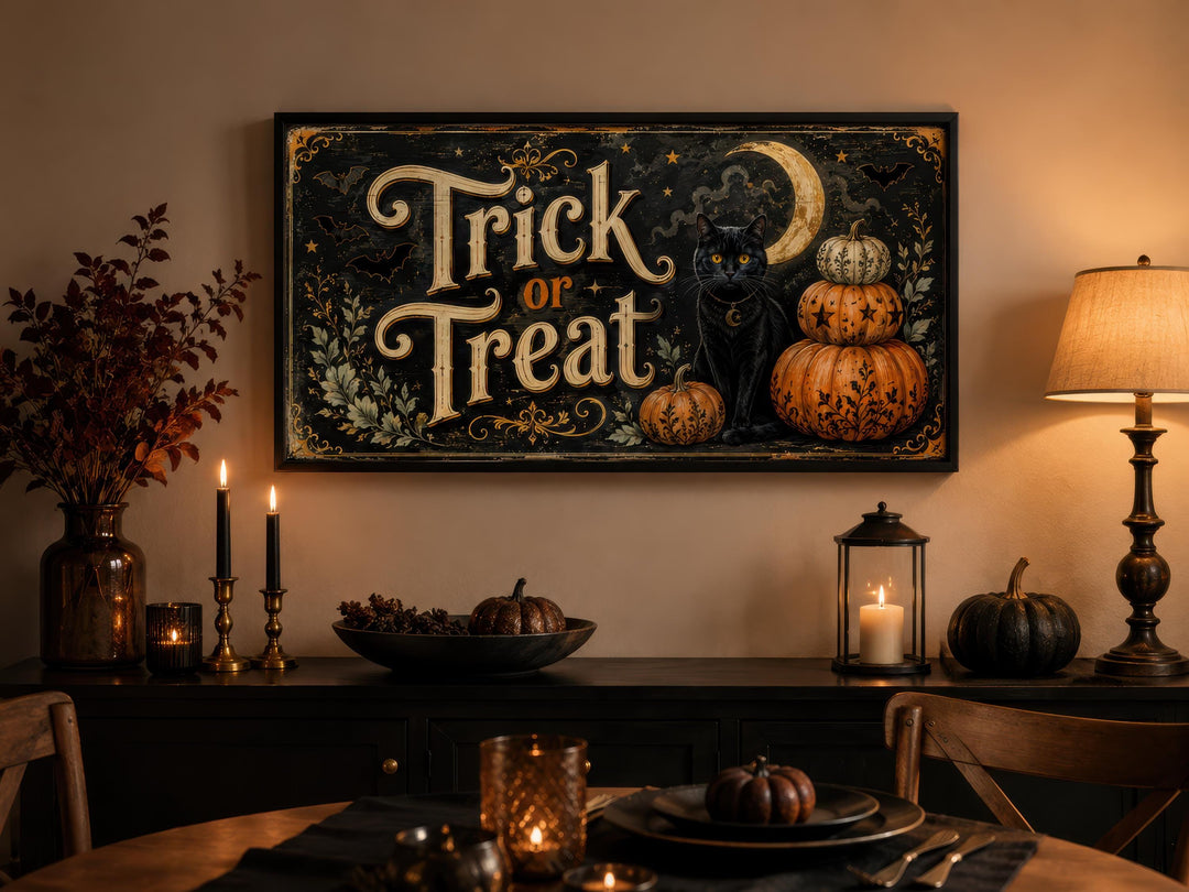 Vintage Trick or Treat canvas wall art with a black cat and pumpkins in a cozy Halloween setting.