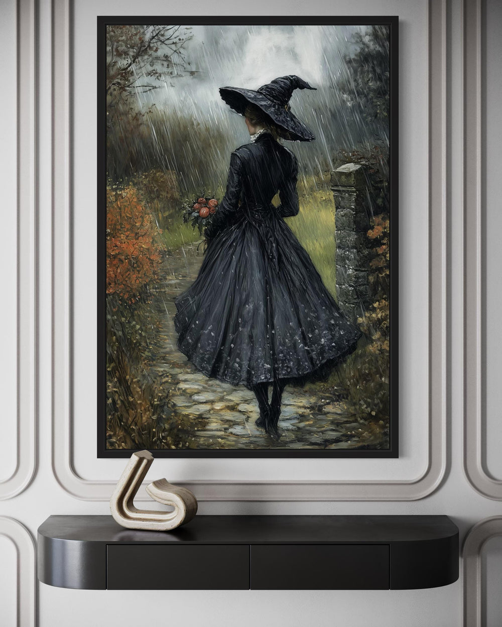 Halloween Witch in Black Hat Walking in Rain with Flowers Bouquet Wall Art