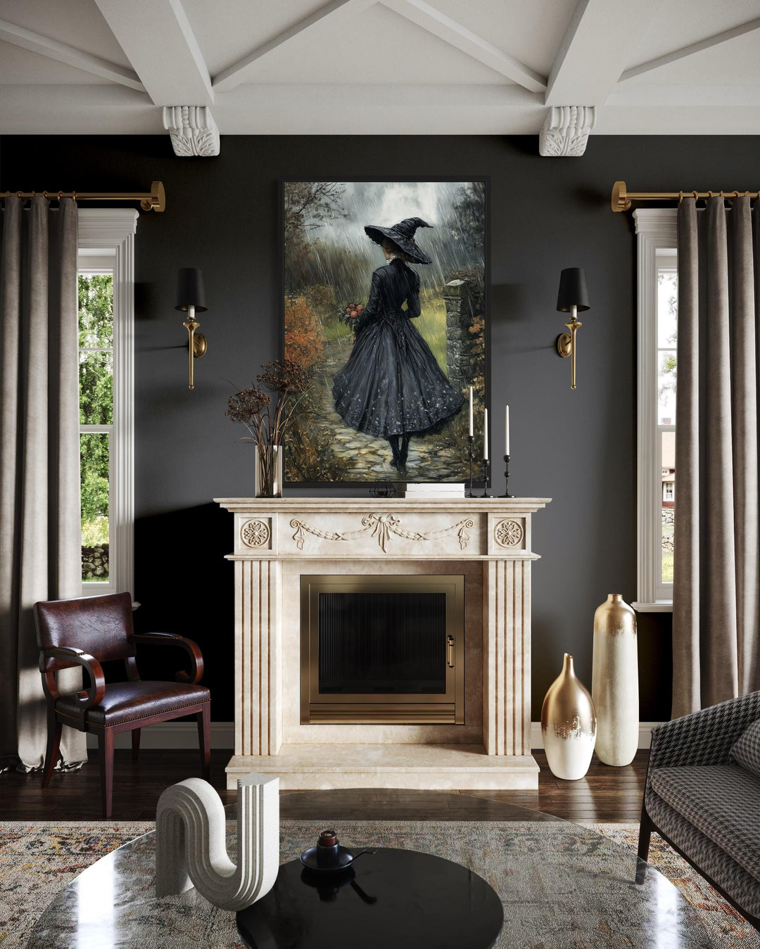 Halloween Witch in Black Hat Walking in Rain with Flowers Bouquet Wall Art