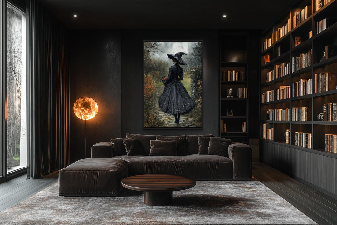 Halloween Witch in Black Hat Walking in Rain with Flowers Bouquet Wall Art