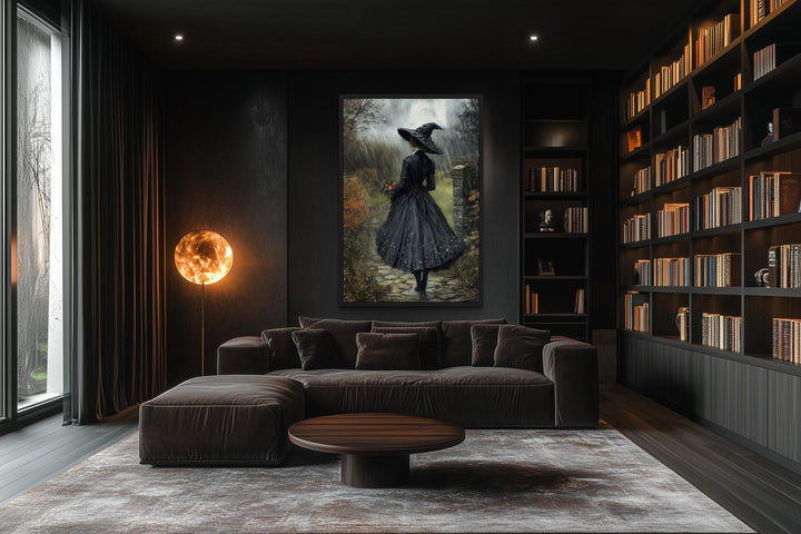 Halloween Witch in Black Hat Walking in Rain with Flowers Bouquet Wall Art