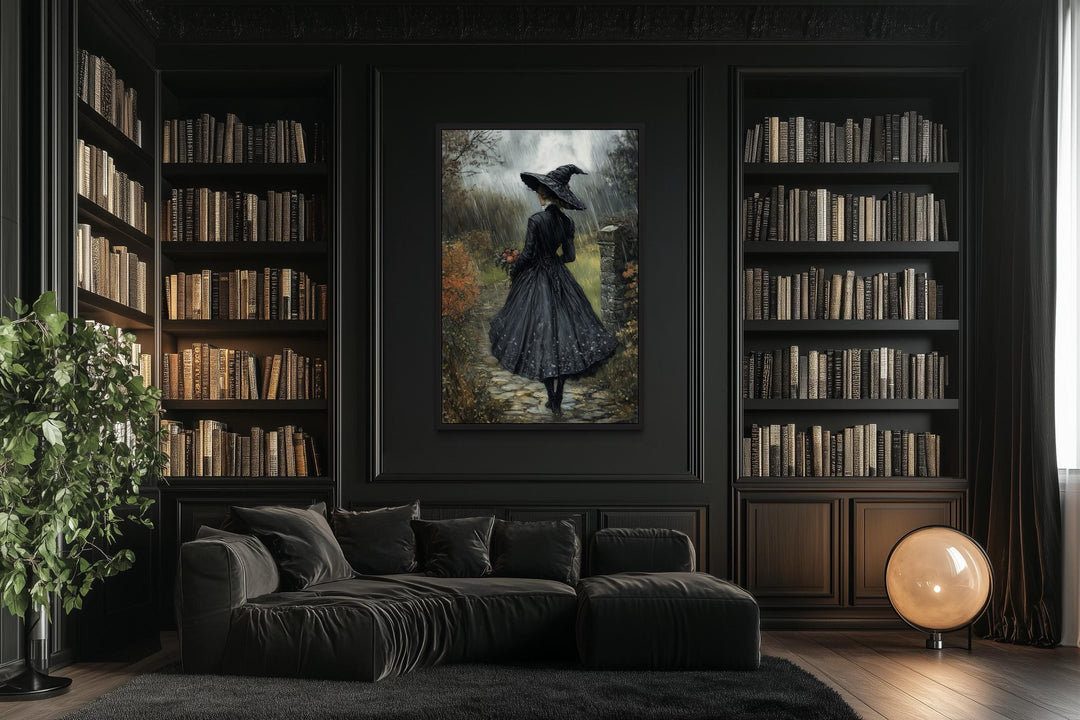 Halloween Witch in Black Hat Walking in Rain with Flowers Bouquet Wall Art