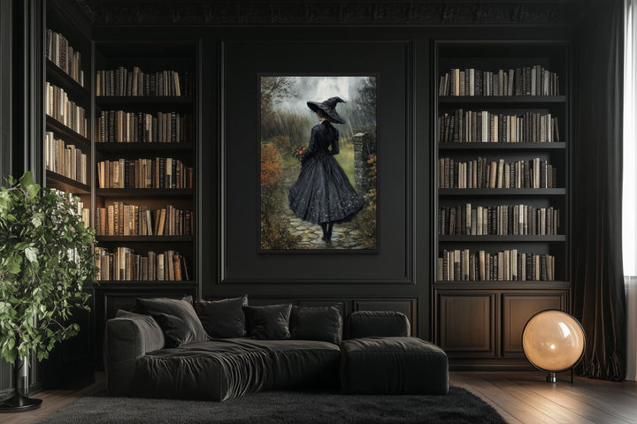 Halloween Witch in Black Hat Walking in Rain with Flowers Bouquet Wall Art