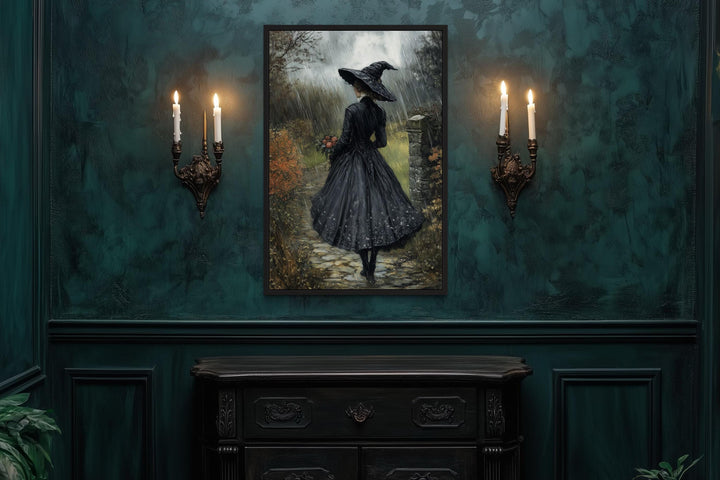 Halloween Witch in Black Hat Walking in Rain with Flowers Bouquet Wall Art
