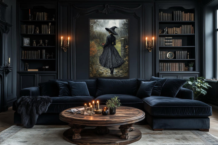 Halloween Witch in Black Hat Walking in Rain with Flowers Bouquet Wall Art