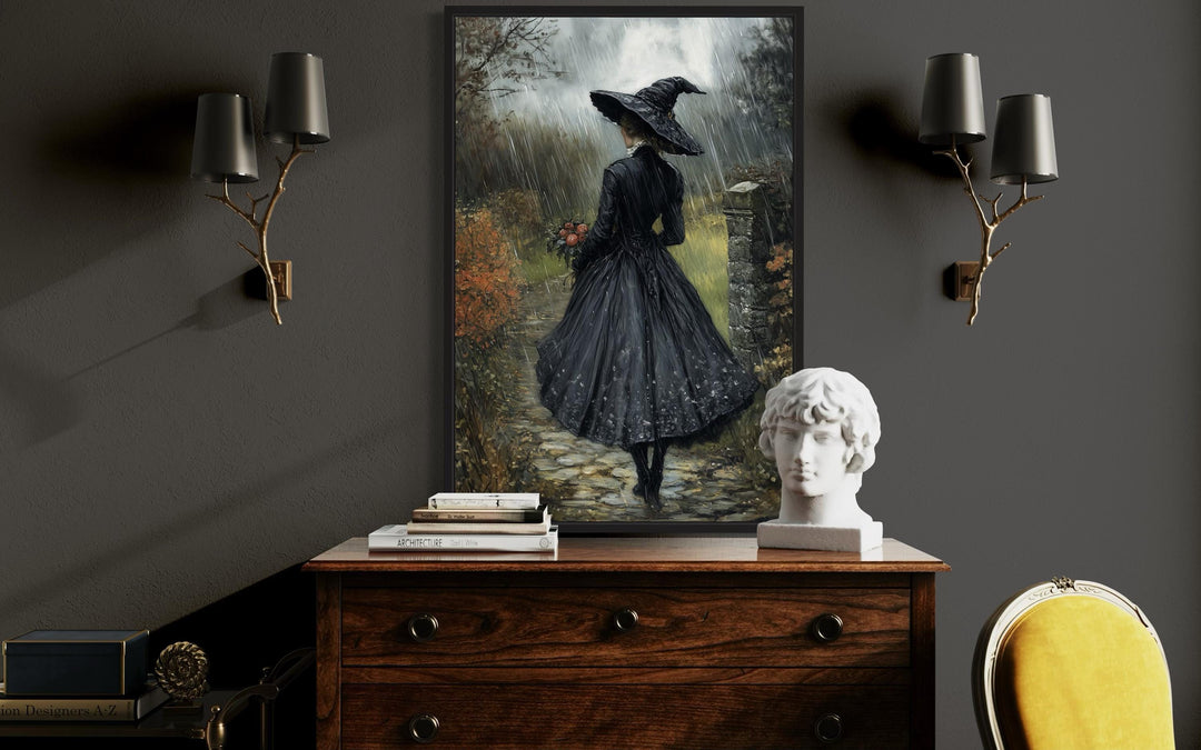 Halloween Witch in Black Hat Walking in Rain with Flowers Bouquet Wall Art