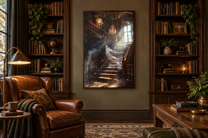 Gothic wall art of a ghostly figure on a grand staircase in a dark, wood-paneled library setting.