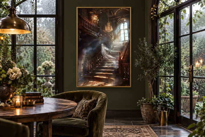 Framed gothic wall art of a ghostly figure on a grand staircase in a dark, moody room.