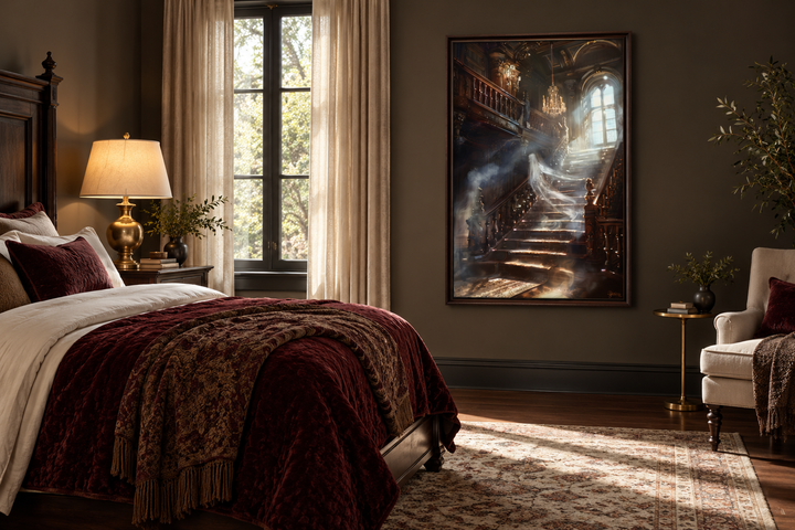 Framed gothic wall art of a ghost on a grand staircase in a dark bedroom with burgundy bedding.