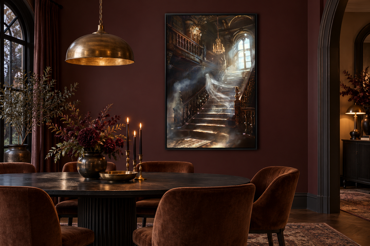Framed gothic wall art of a ghostly figure on a grand staircase in a dark, moody dining room.