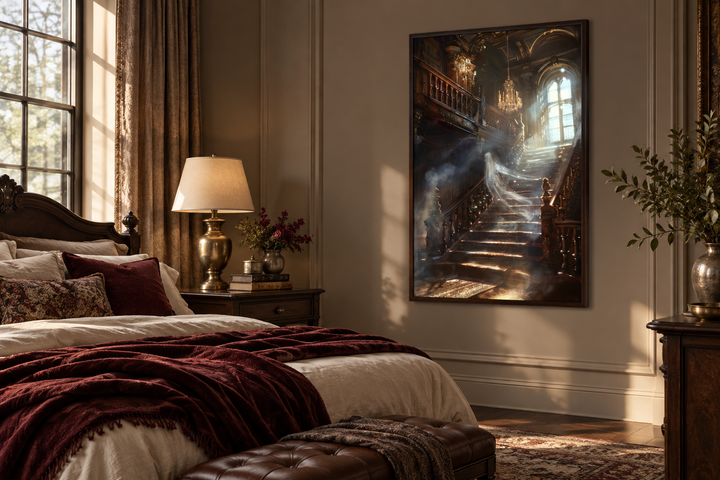 Framed gothic wall art of a ghost on a grand staircase in a bedroom with dark academia decor.