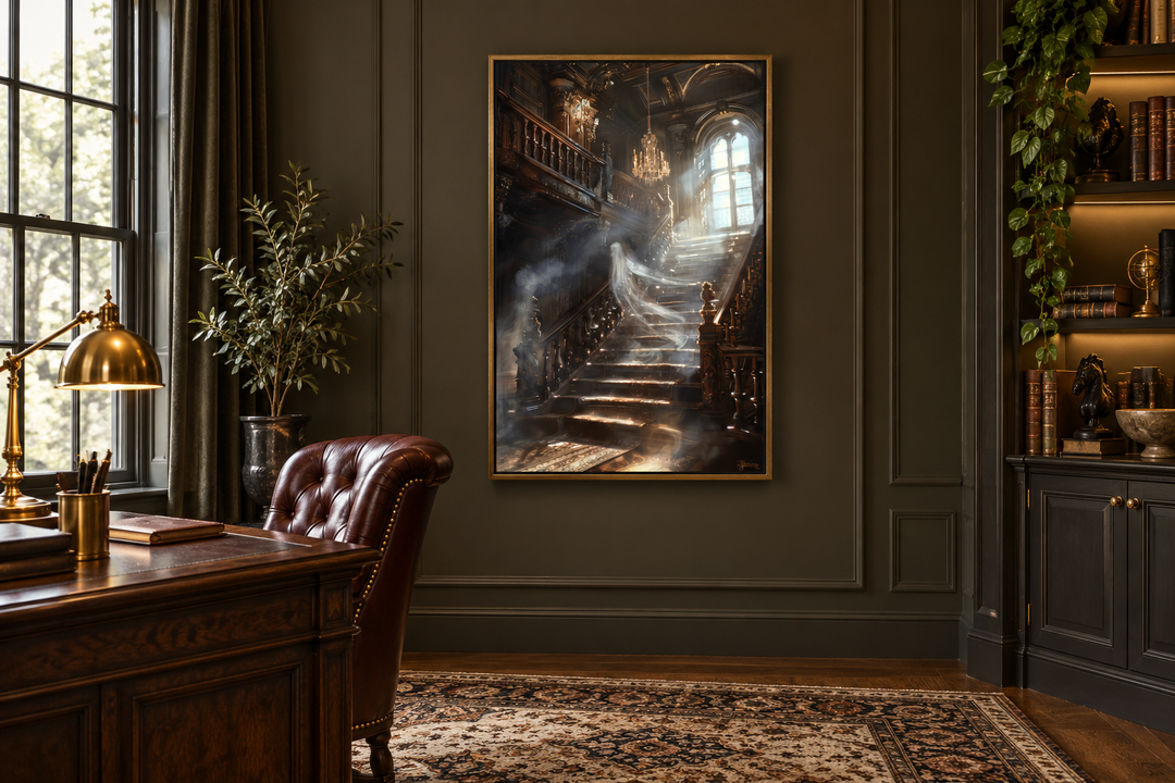 Framed gothic wall art of a ghostly figure on a grand staircase in a dark, moody study.