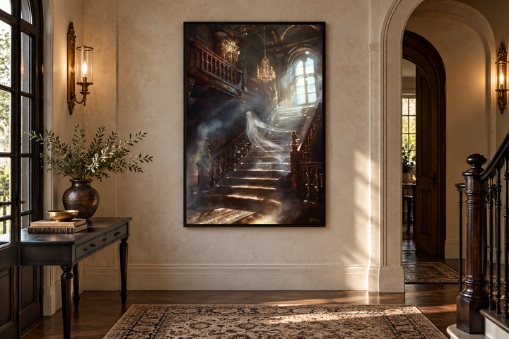Framed gothic wall art of a ghostly figure on a grand staircase in a haunted mansion.