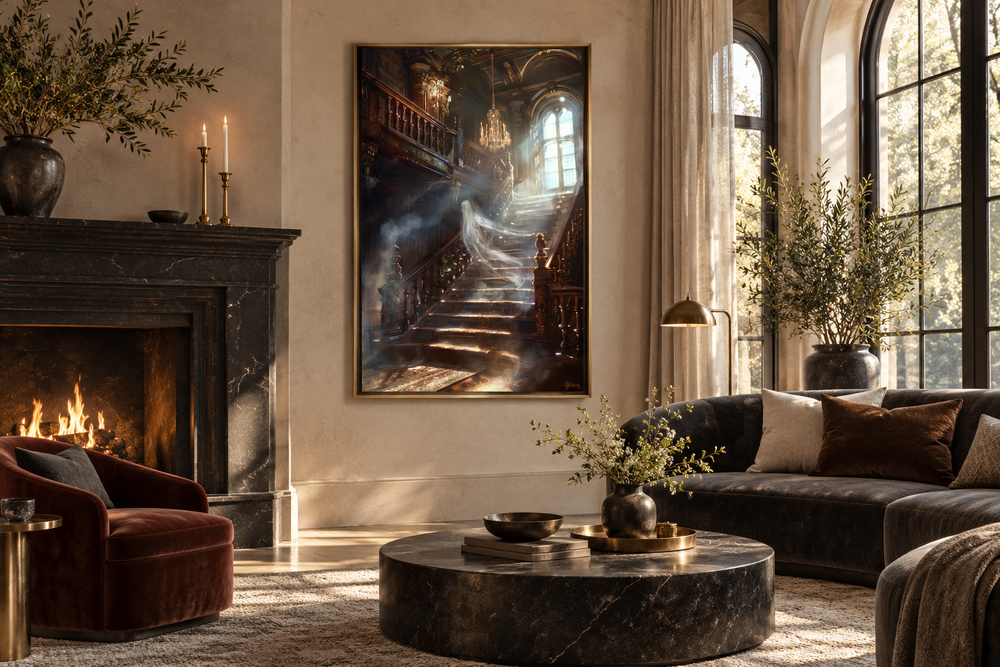 Framed gothic wall art of a ghostly figure on a grand staircase in a haunted mansion living room.