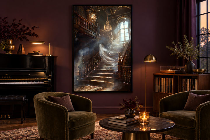 Gothic wall art of a ghostly figure on a grand staircase in a dark, moody living room setting.