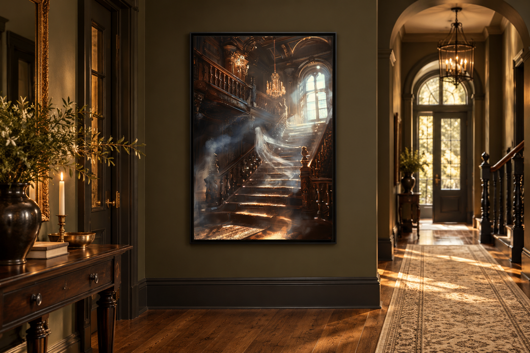 Gothic wall art of a ghostly figure on a grand staircase in a dark mansion, framed on a green wall.