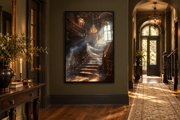 Gothic wall art of a ghostly figure on a grand staircase in a dark mansion, framed on a green wall.