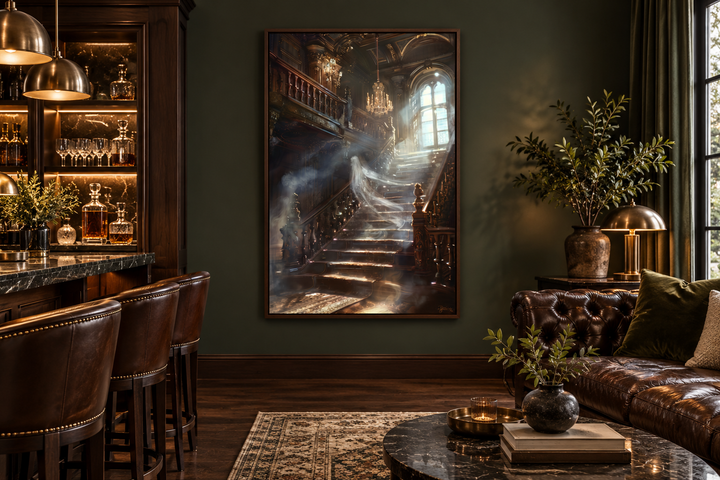Framed gothic wall art of a ghostly figure on a grand staircase in a dark, moody room setting.