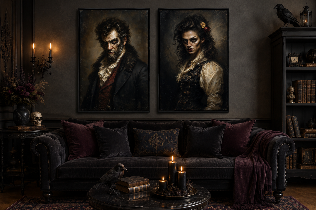 Set of 2 framed Victorian zombie couple portraits in a dark, gothic living room setting.