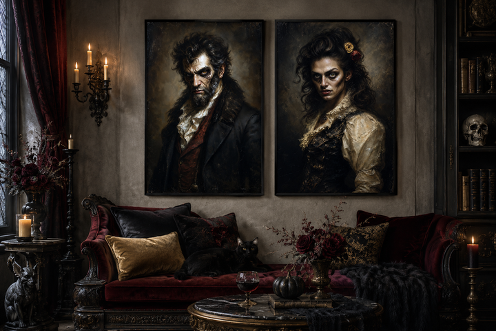 Set of two framed Victorian zombie couple portraits in a dark, gothic living room setting.