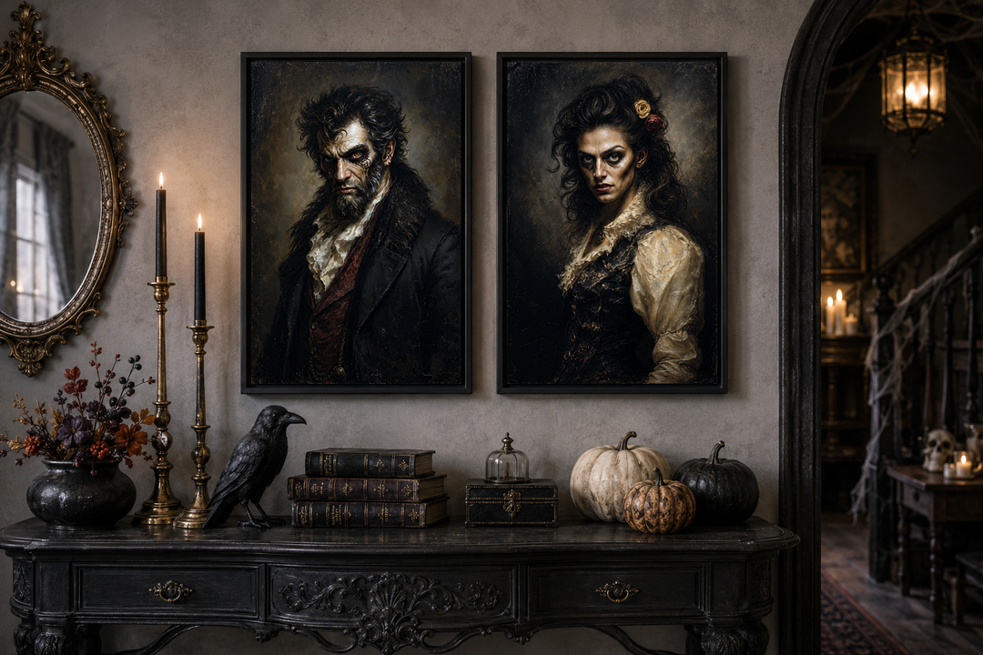 Set of two framed Victorian zombie couple portraits on a wall above a dark gothic console table.
