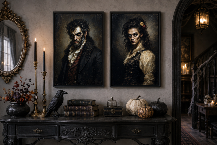 Set of two framed Victorian zombie couple portraits on a wall above a dark gothic console table.