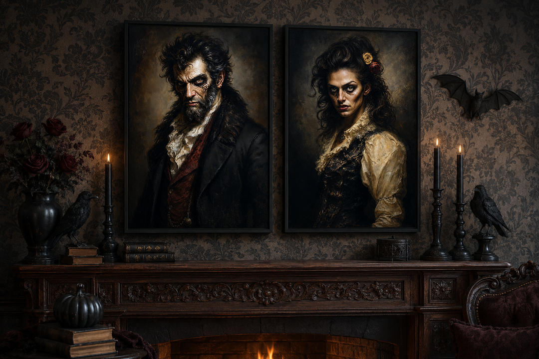 Set of two framed Victorian zombie portraits displayed above a dark wood fireplace mantel.