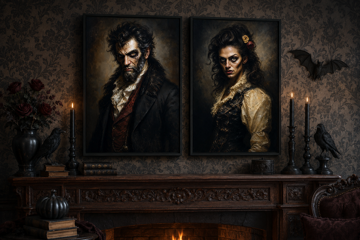 Set of two framed Victorian zombie portraits displayed above a dark wood fireplace mantel.