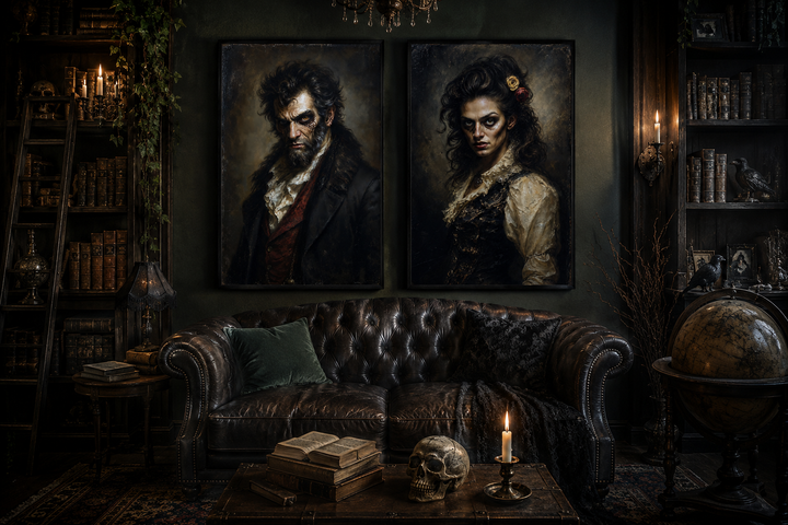 Set of 2 framed Victorian zombie couple portraits in a dark, gothic library setting.