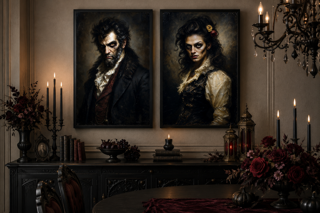 Set of two framed Victorian zombie couple portraits in a dark, gothic-themed room with candles.