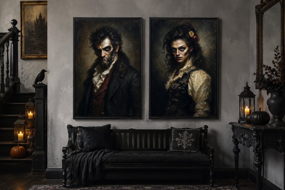 Set of two framed Victorian zombie portraits in a dark gothic room with a black bench and candles.