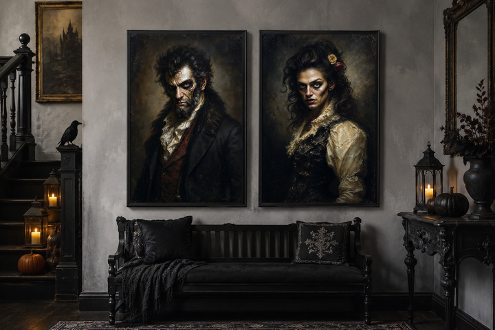 Set of two framed Victorian zombie portraits in a dark gothic room with a black bench and candles.