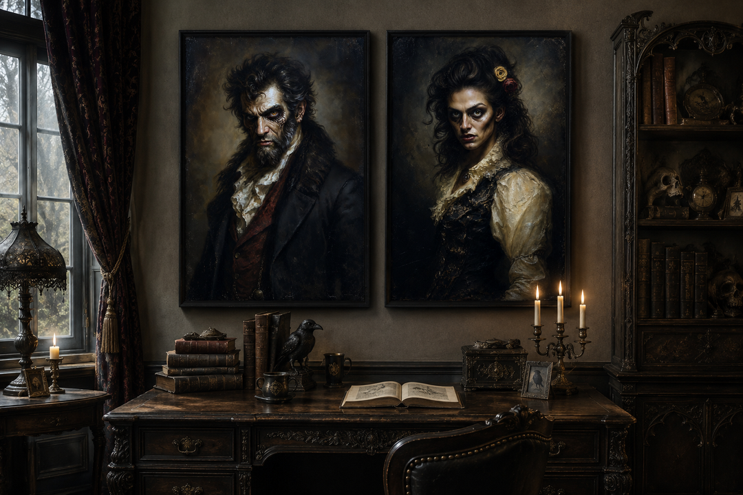 Set of 2 Victorian gothic zombie couple portraits in a dark academia study with vintage decor.