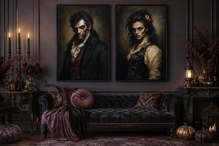 Two framed Victorian zombie portraits hanging above a dark velvet sofa in a gothic room.