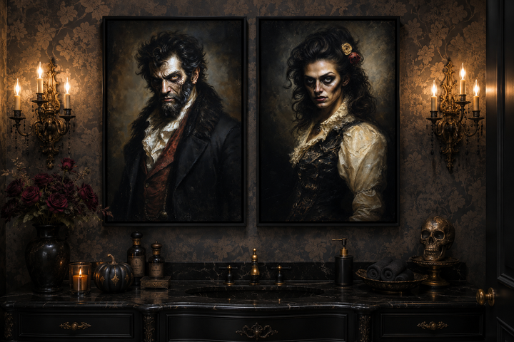 Set of two framed Victorian zombie couple portraits on a dark floral wallpaper above a vanity.