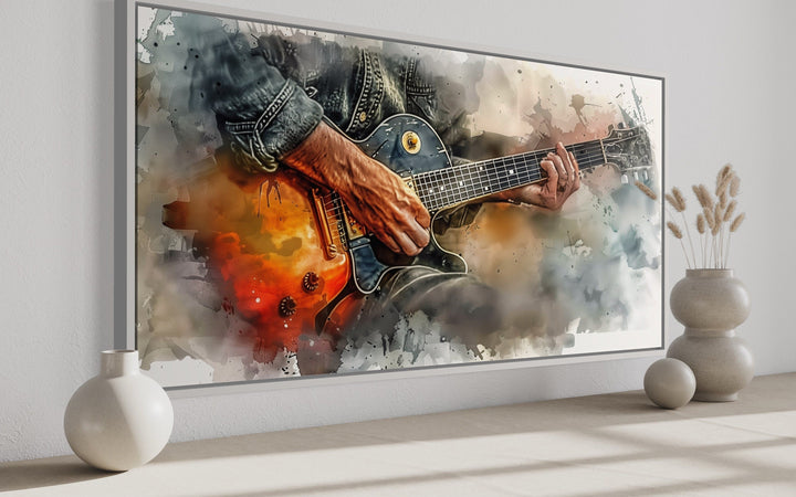 Hand Playing Guitar Watercolor Framed Canvas Wall Art