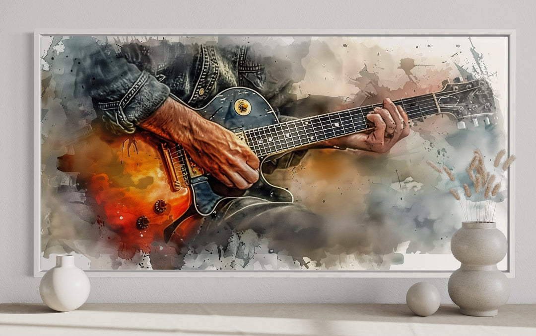 Hand Playing Guitar Watercolor Framed Canvas Wall Art