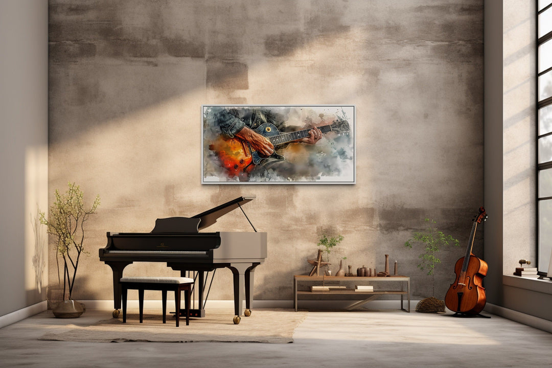 Hand Playing Guitar Watercolor Framed Canvas Wall Art