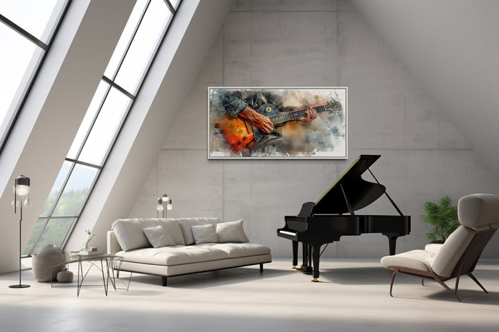 Hand Playing Guitar Watercolor Framed Canvas Wall Art