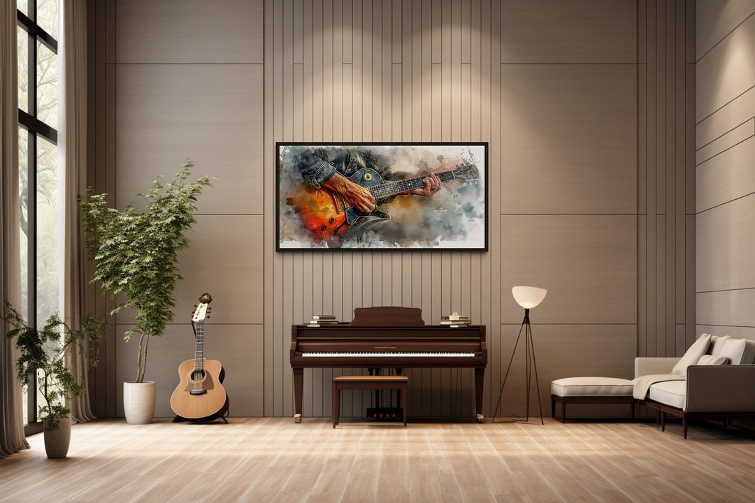 Hand Playing Guitar Watercolor Framed Canvas Wall Art