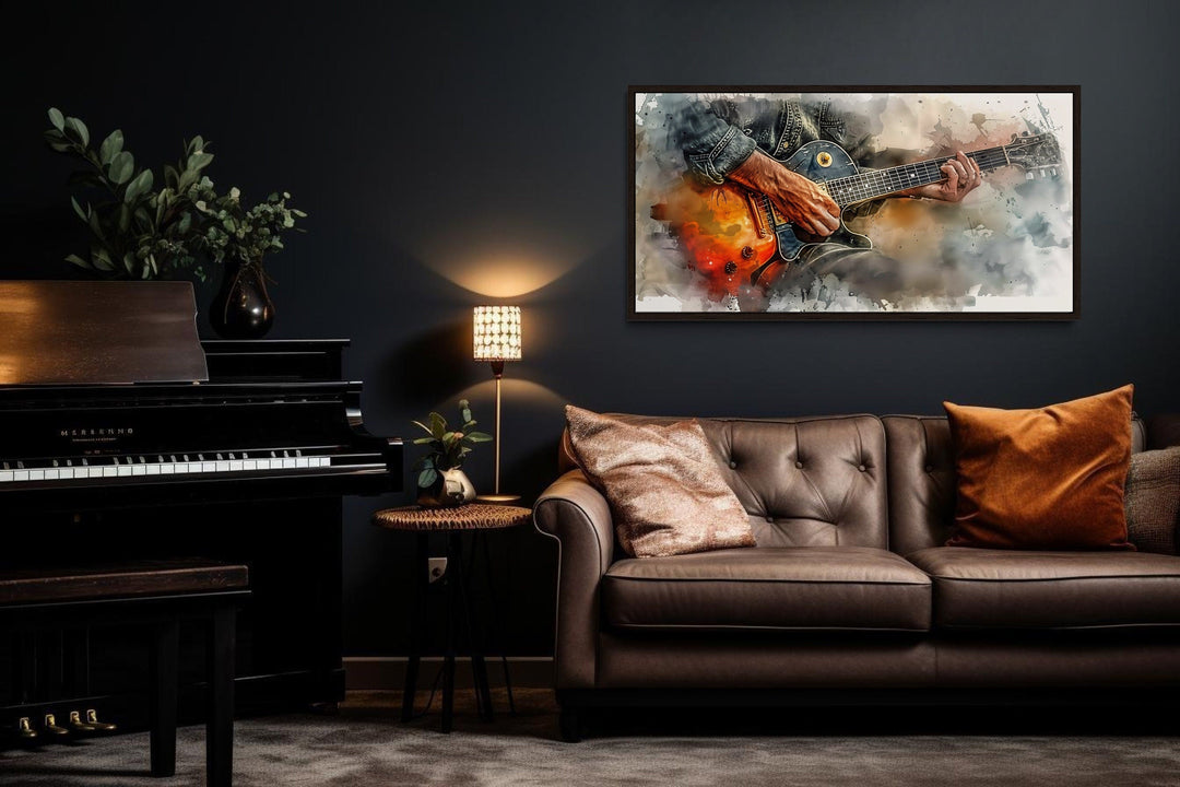 Hand Playing Guitar Watercolor Framed Canvas Wall Art