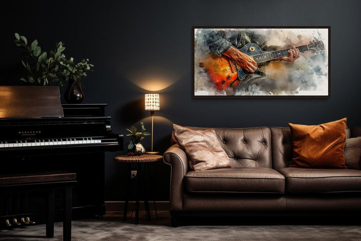 Hand Playing Guitar Watercolor Framed Canvas Wall Art