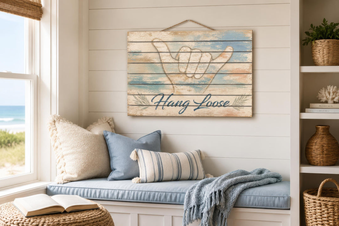 Hang Loose Shaka Sign distressed wood wall art hanging in a coastal-themed room.