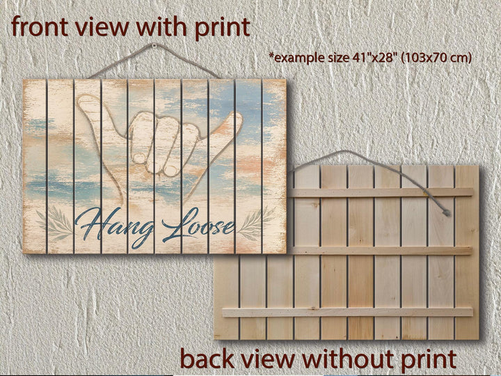 Hang Loose Shaka Sign distressed wood wall art with front and back views for coastal beach decor.