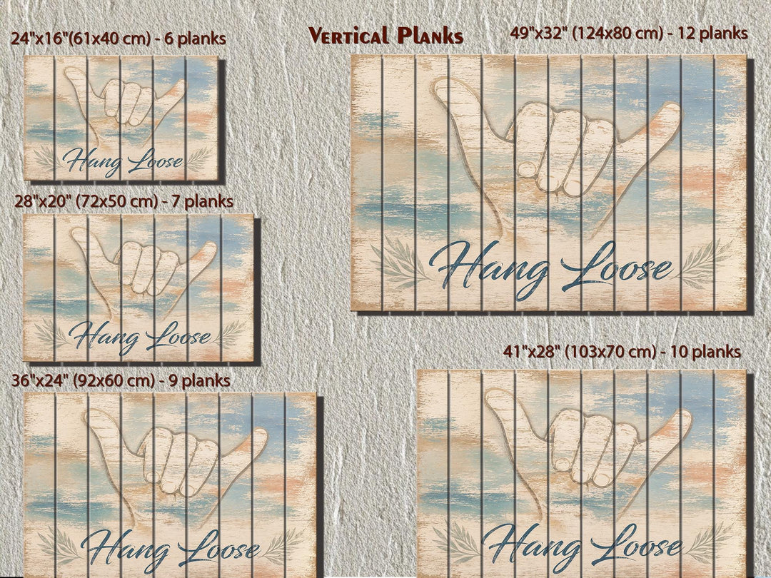 Five sizes of distressed wood wall art featuring a shaka sign and Hang Loose script.