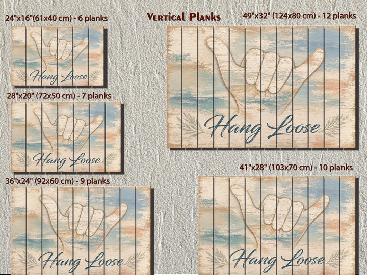 Five sizes of distressed wood wall art featuring a shaka sign and Hang Loose script.