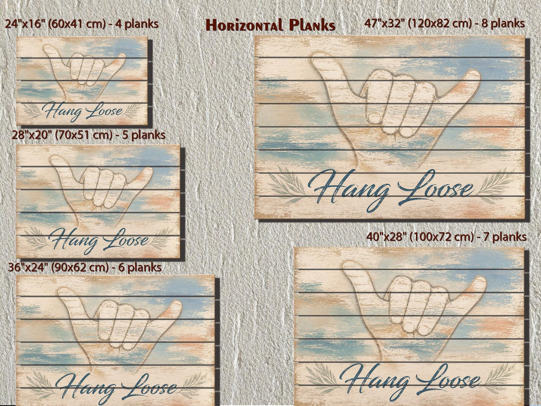 Five sizes of distressed wood wall art featuring a shaka sign and Hang Loose script.