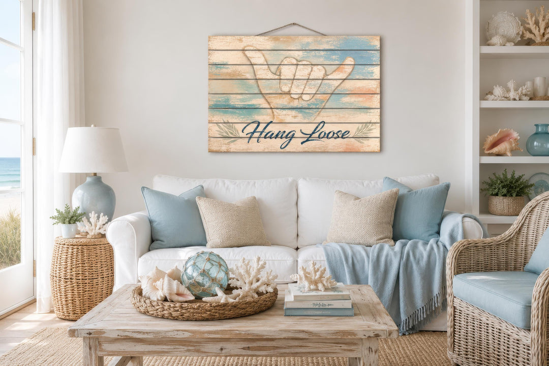 Hang Loose Shaka Sign distressed wood wall art hanging above a white sofa in a coastal living room.