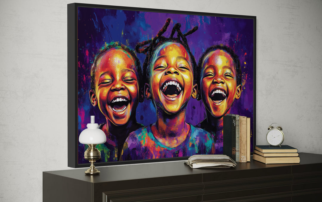 Happy Black Kids Framed Canvas Wall Art - a painting of three laughing children on a wall