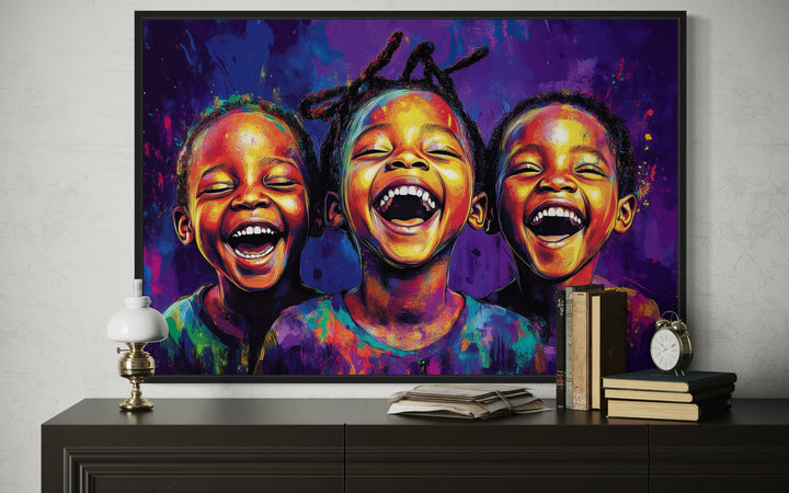 Happy Black Kids Framed Canvas Wall Art - a painting of three laughing children on a purple background